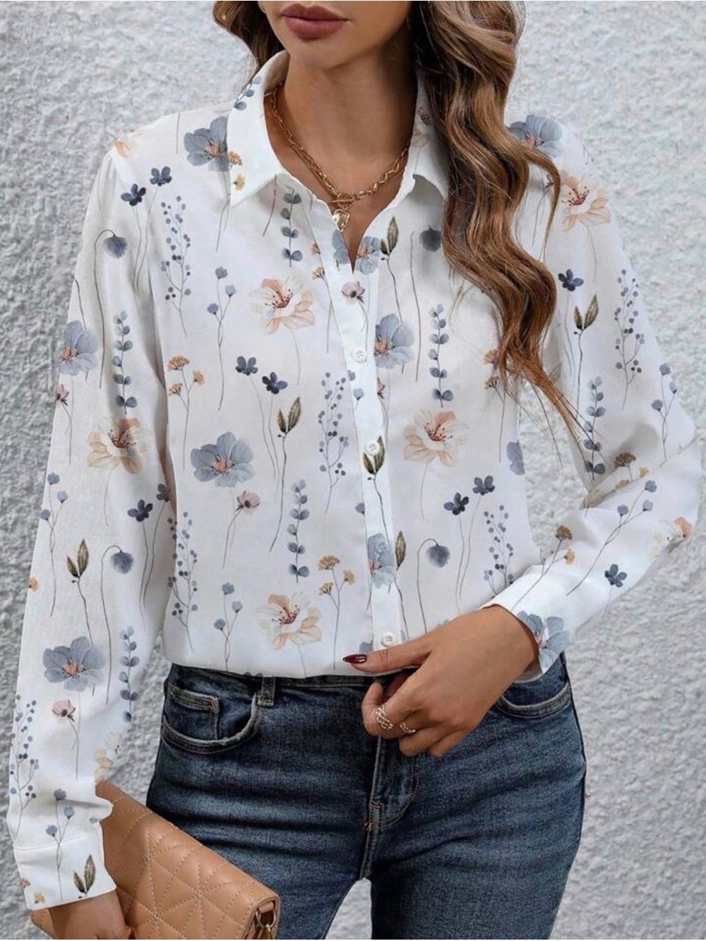 Floral Button-Down Shirt Blouse - White/Blue Floral